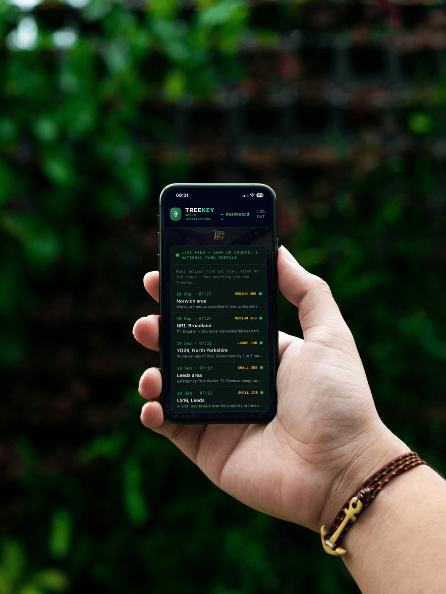 TreeKey installed as a home-screen app, showing the live lead feed